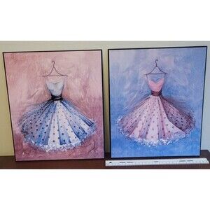 Pair of Ballet Princess Vintage Dress Wall Art Girls Bedroom Blue Purple Pink
